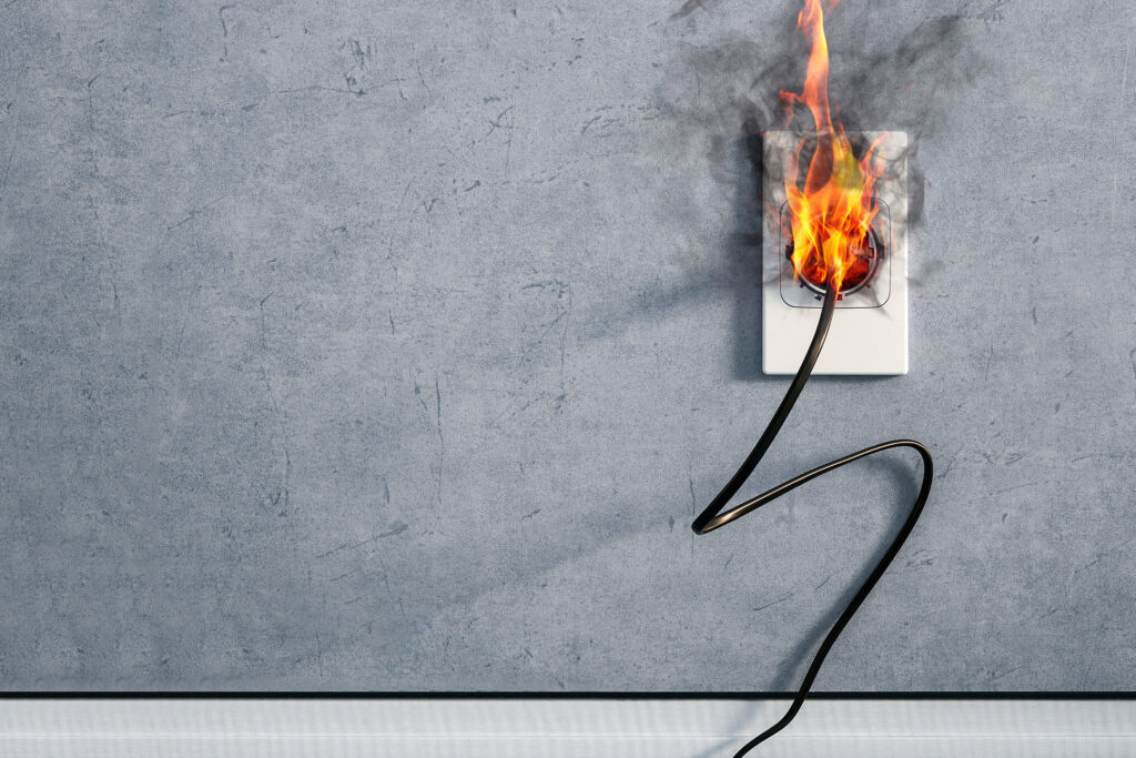 Photographie d'une prise de courant murale blanche en feu. Des flammes orange et jaune s'échappent du point de contact entre la fiche d'un cordon électrique noir et la prise, accompagnées d'une légère fumée grise s'élevant le long du mur gris texturé.